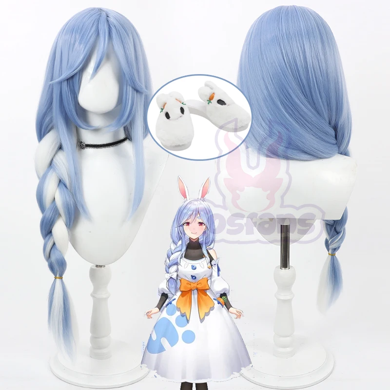 Hololive VTuber USADA Pekora Cosplay topánky parochňa 75 cm dlhá Hlololive YouTuber Single Ponytails Svetlo modrá s bielymi syntetickými vlasmi