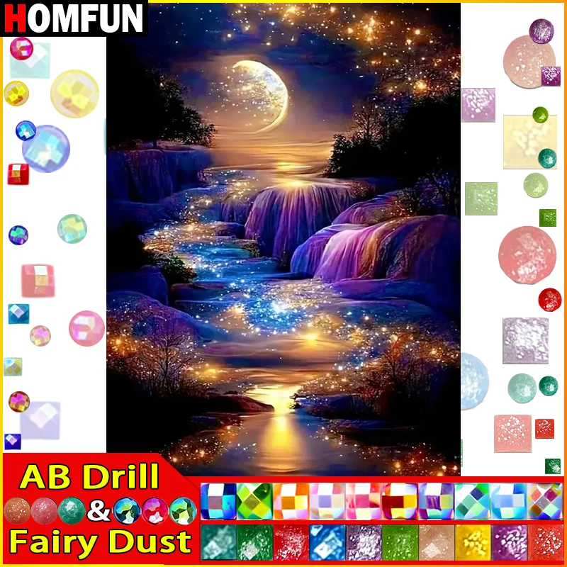 Homfun Fairy Dust Ab Full Diamond výšivka scenéria Waterfall Moon Diamantové maľovacie vzory Rodinestone nedokončený domáci dekor