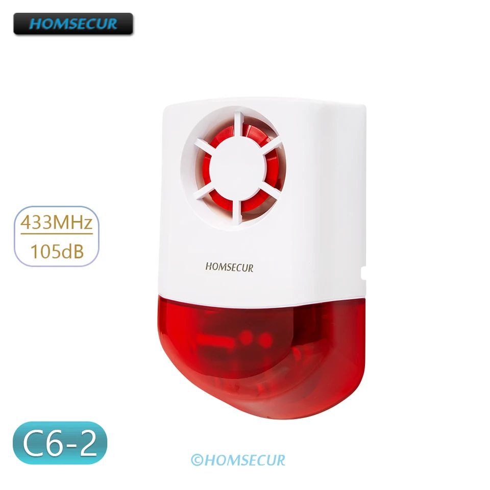 HOMSECUR 433MHz C6-2 bezdrôtové externé strobe flash siréna 105db pre WiFi 4G Domáce bezpečnostný alarmový systém DD01-4G