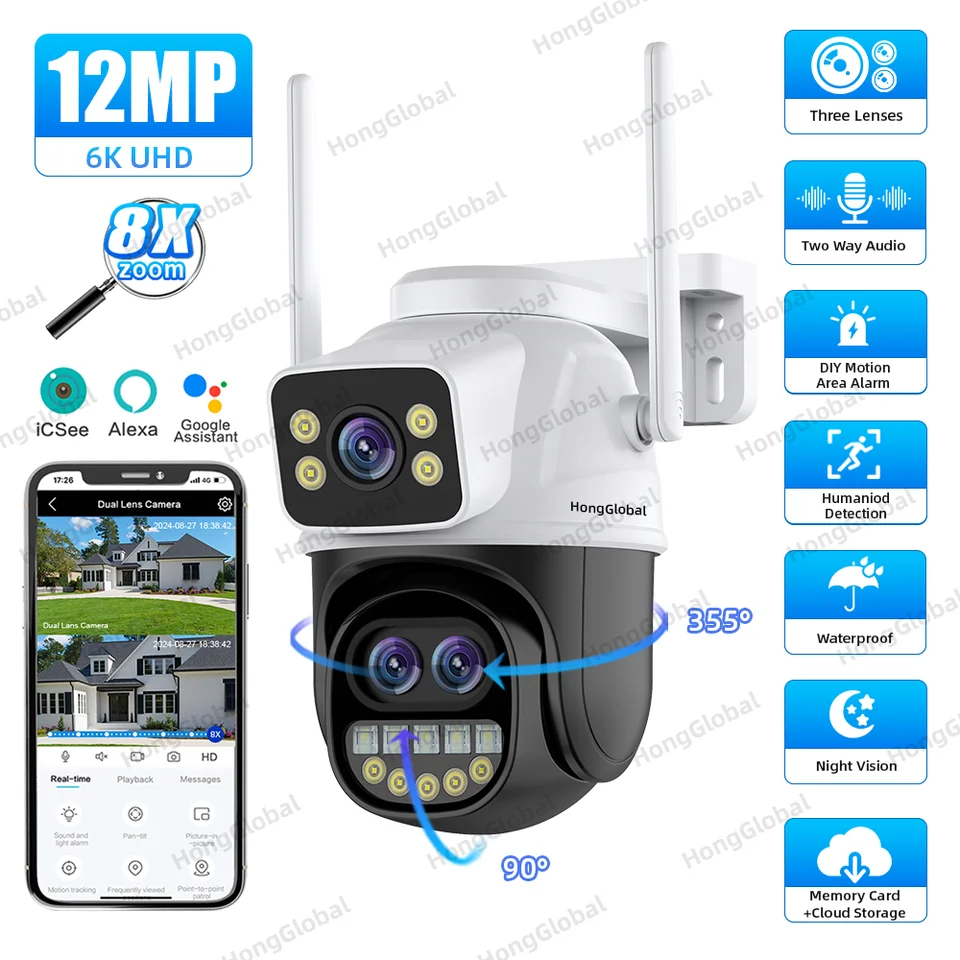 Hongglobal 12MP Outdoor 360 PTZ IP Wireless Camera ICSEE Tri šošovky 8x Zoom Home Dohľad