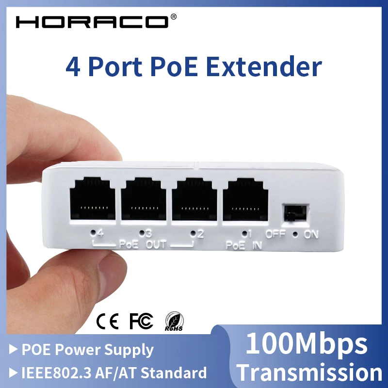 Horaco 3 Port Poe Extender 10/100 Mbps 1 až 3 opakovač siete s IEEE802.3AF Plug & Play For Poe Switch NVR IP Camera AP AP
