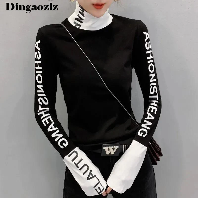 Horná časť pre ženy s dlhým rukávom Turtleneck Slim T košele ženské žlté chudé emo odpaliská karikatúra oblečenie voľné mládež jesenné pulovers