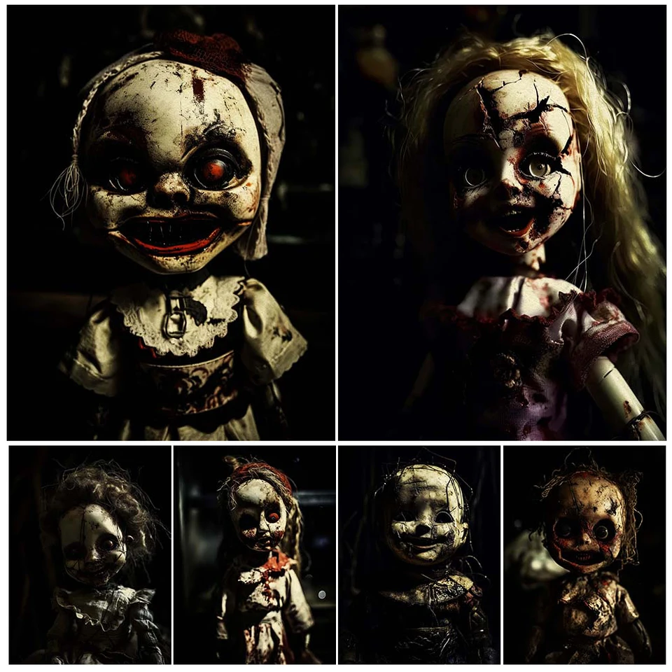 Hororová bábika s popraskanou tvárou vintage nástenné umenie maľba maľba strašidelného voodoo Doll Doll Gothic Art Plagát