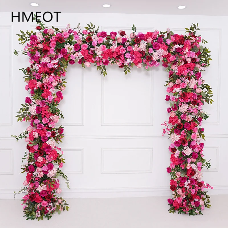 Horúca ružová ruža Hydrangea Green Leaf Flower Row Wedding Event Rám kvetinové aranžmán Stolová pohovka Runner Decor Dodávky H8734