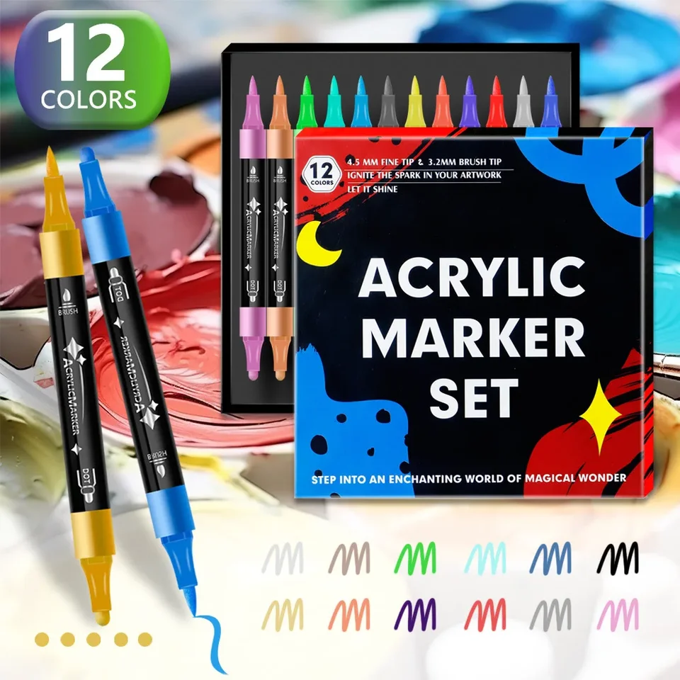 Horúce 12/24 farieb Duálny tip akrylová farba perá značkovač pre skalné maľovanie drevené plátno Plastové kovové remeslá