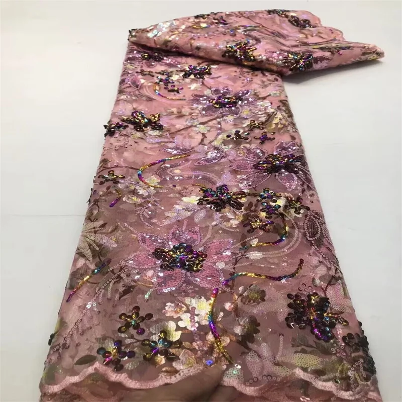 Horúce africké čipky tkanina 2024 Najnovšia ružová/zlatá indická sárí tkanina Vysoko kvalitný Tulle 3D flitrová čipka Lace Lace Svadobné šaty