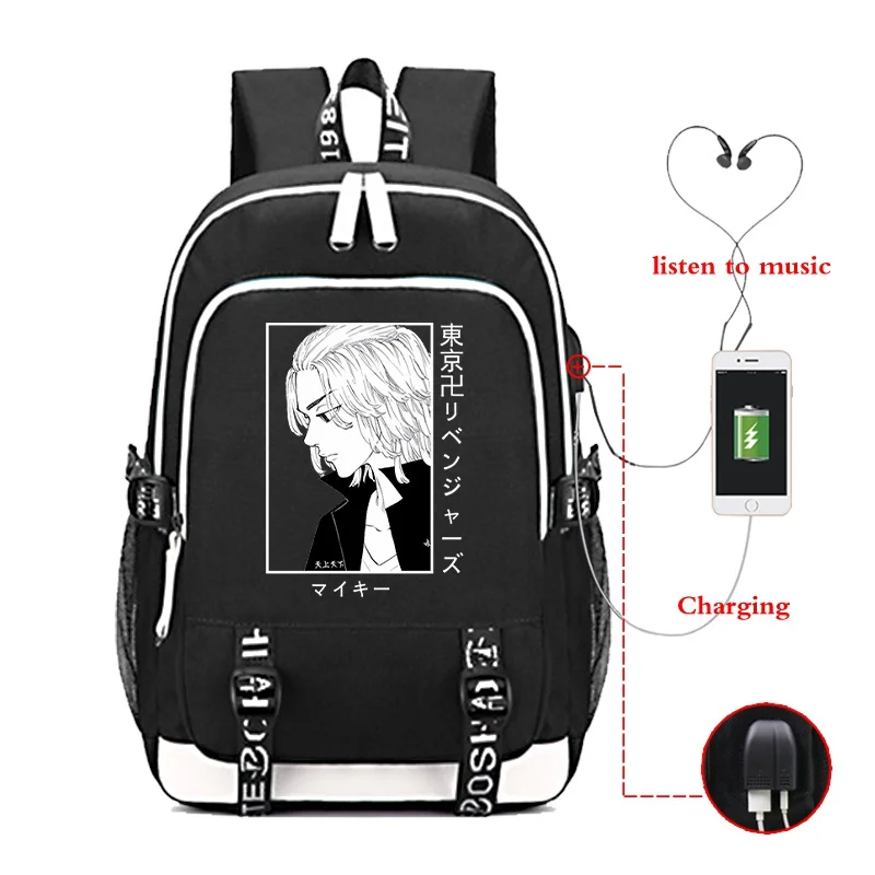 Horúce japonské anime Tokio Revengers Manjiro Sano Batoh Men Fashion USB Batoh dospievajúci Študenti Študenti príležitostné batohové tašky