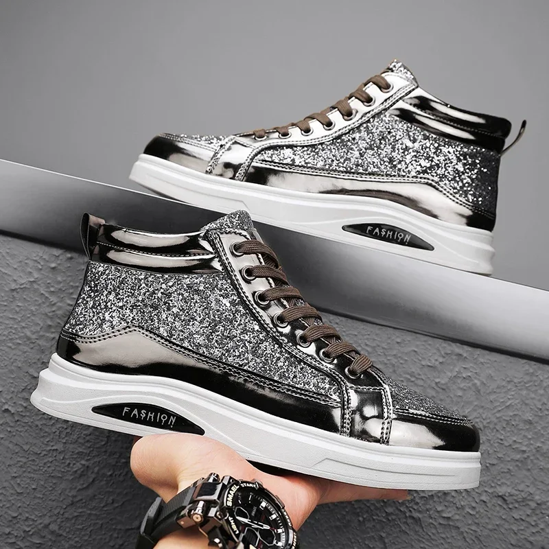 Horúce móda lesklé zrkadlá pánske topánky High Top Pánske príležitostné topánky Kórejské trendy pódiové topánky mužov Zapatos de hombre