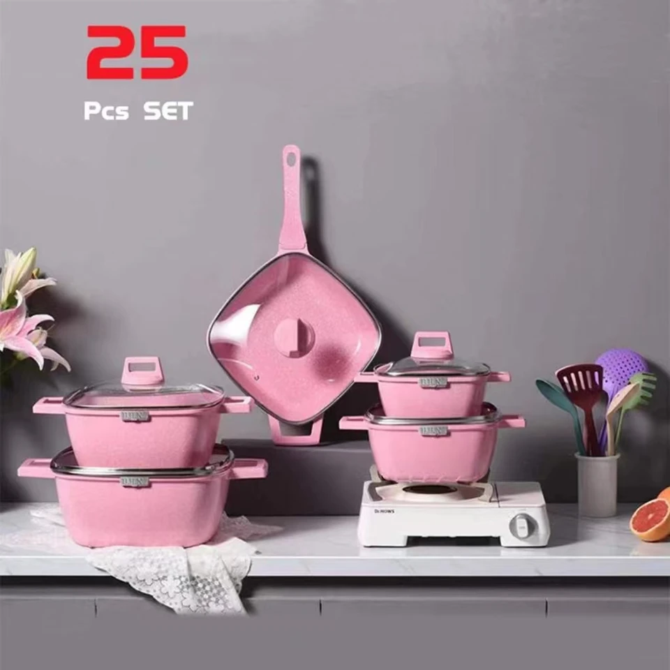Horúce predajné kuchyne Essentials Non Stick Hliníkový riad set 25-kusový riad set hrnce Pans Square Pank Panva sada