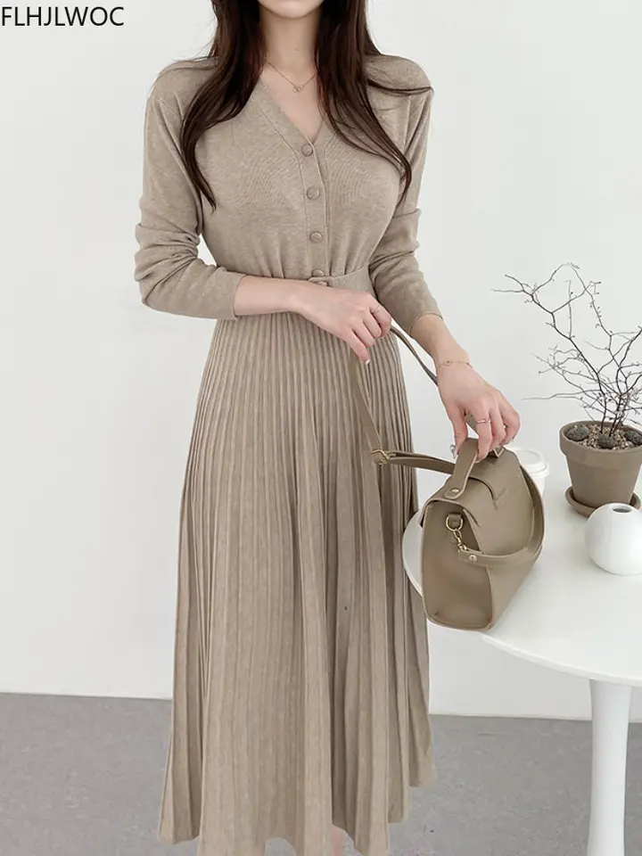 Horúce pružné ženy pletený sveter pullover šaty jesenné zimné základné oblečenie Lady Chic Kórea Ruffles pletené čierne dlhé maxi šaty