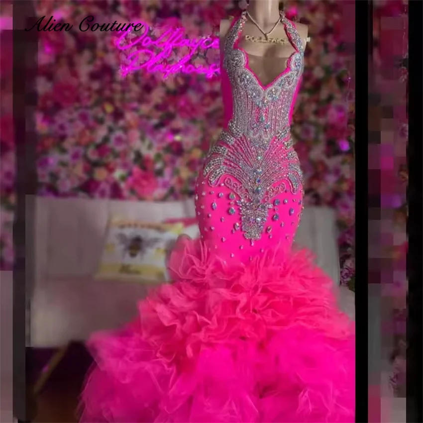 Horúce ružové diamanty Prom Dayses 2025 farebné kryštály Gems Party Gowns for Black Girls Rupe narodeninové oslavy šaty prispôsobené