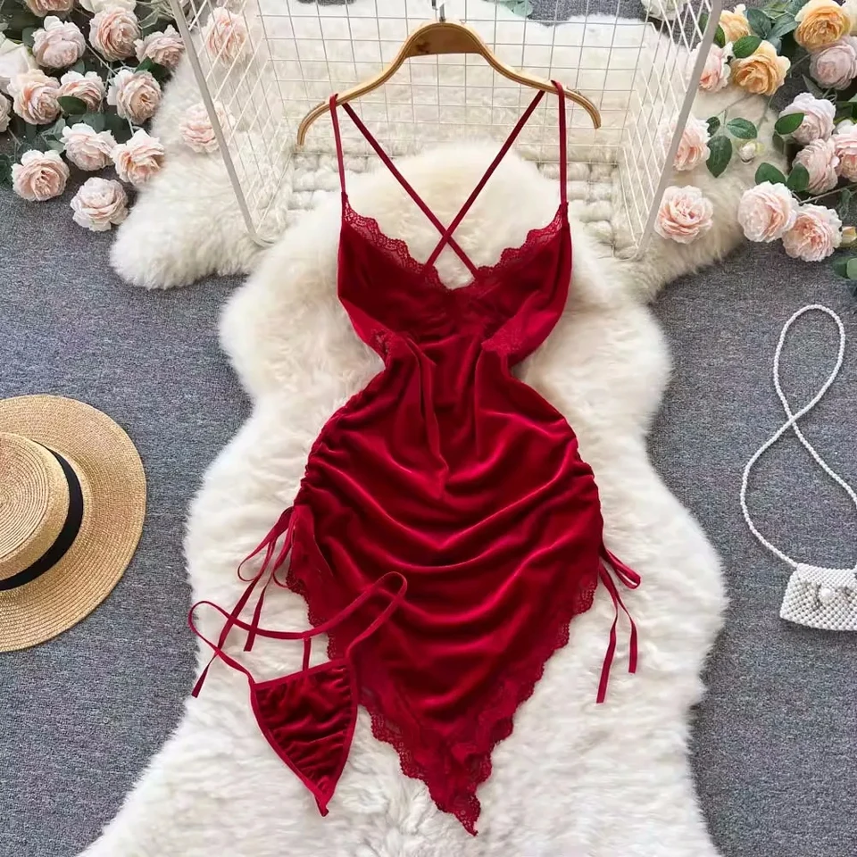 Horúce sexy v krku krížový remienok šaty čipky Lace Patchwork nepravidelné skladané nočné oblečenie Dámske erotické spodné prádlo bez rukávov bez rukávov bez rukávov