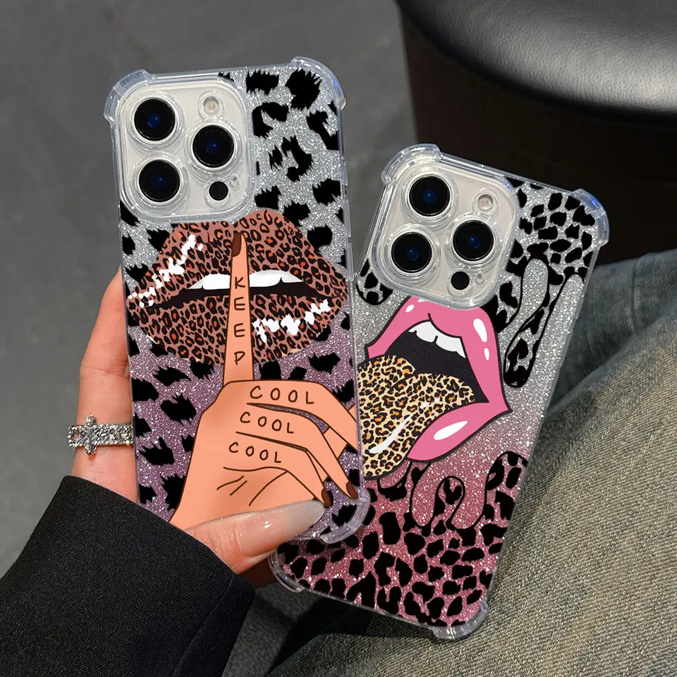 Horúce červené pery leopardové tlače pre puzdro pre iPhone 16 15 14 13 12 11 Mini Pro Max x xr xsmax 7 8 plus anti Fall Bling Clear Cover