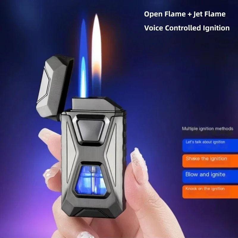 Horúci hlas ovládaný zapaľovaním duálny plameň bután Bután Zapaľovač Otvorené oheň prepínanie prúdového ohňa vizuálny plynový okno USB Elektrické zapaľovače