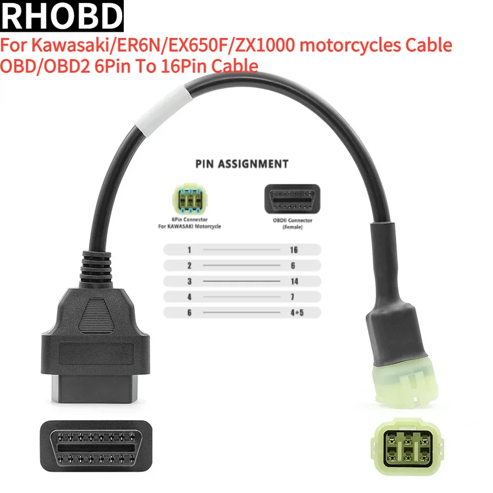 Horúci predaj 6-kolíkový lokomotívny adaptér OBD2 Vhodný pre motocykle Kawasaki ER6N EX650F ZX1000 SIELU 6PIN až 16pin