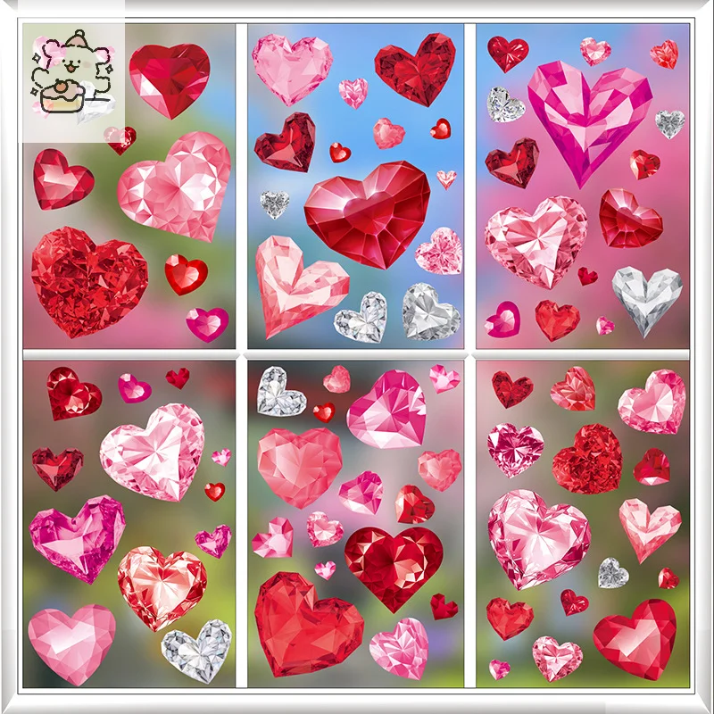 Horúci predaj 9ks ružový valentínsky statický okenný nálepka Happy Valentín Deň srdca dekor