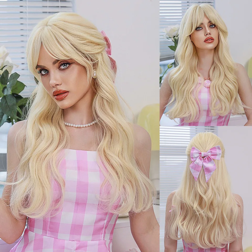 Horúci predaj Barbie blondínka dlhé kučeravé vlasy stredne kvalitné chemické vlákno cosplay parochňa barbie
