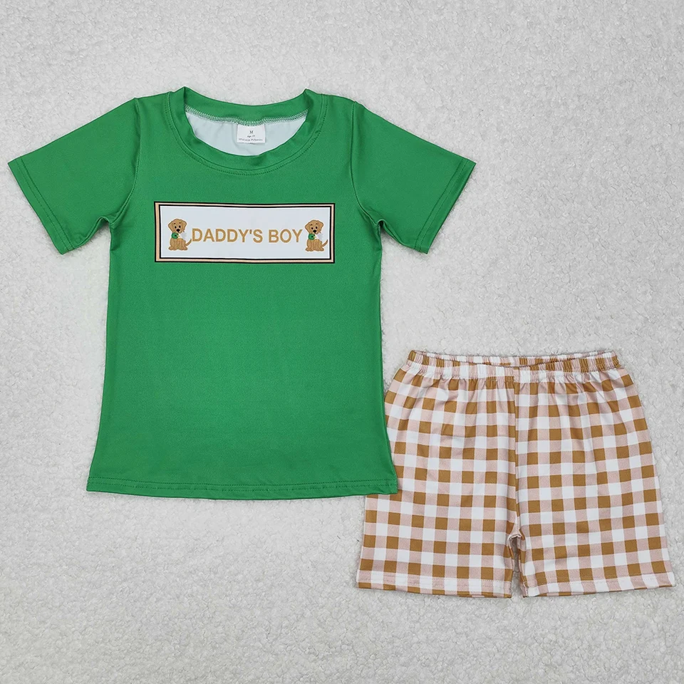 Horúci predaj detské dizajnérky Chlapci Spring krátke rukávy šachovnice Sada sada Daddy's Boy Dogs Boutique Boys oblečenie oblečenie