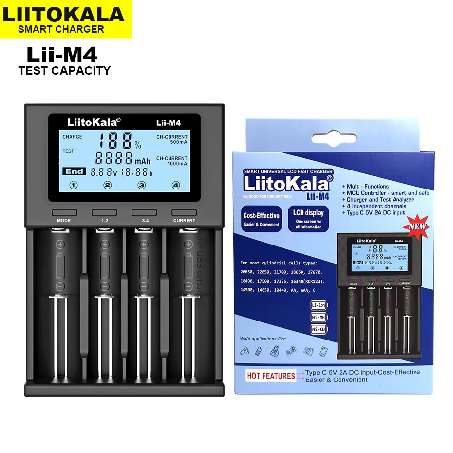 Hot liitokala lii-M4 18650 LCD Displej Universal Smart Chacate Test Capacity pre 3,7 V 1,2V 26650 18650 21700 18500 AA AAA 4SLOT