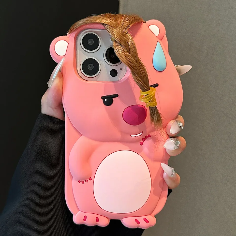 Hot Loopy Hair Fringe 3d ružový vtipný puzdro pre iPhone 16 15 14 13 12 11 Pro Max Cartoon Y2K Girl Kawaii Speechless Cover
