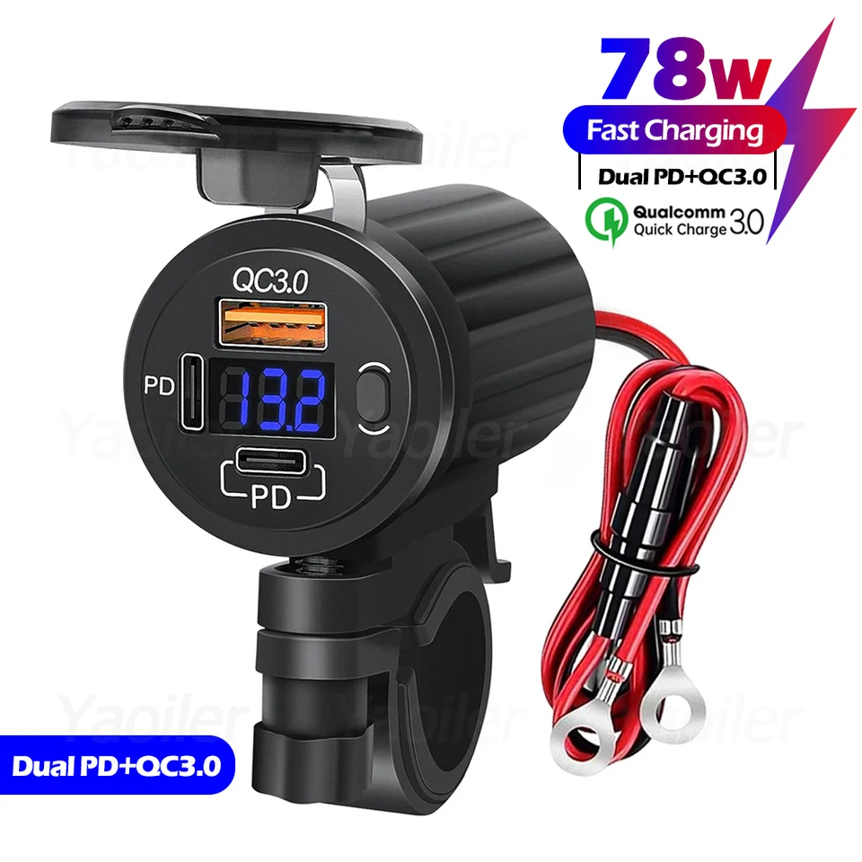 HOT PREDAJ 12V Motocykel QC 3.0 USB Fast Charger Witerproof s portom typu C Nové výstupné riadidlá PD Montáž nabíjačky mobilných telefónov