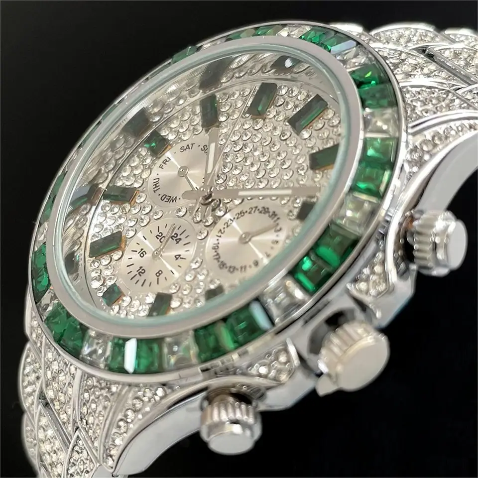 Hot Sell Luxury Green Iced Watch for Men Fashinless Nerezová oceľ Quartz náramky hip hop dúha Diamond AAA hodinky Muž reloj