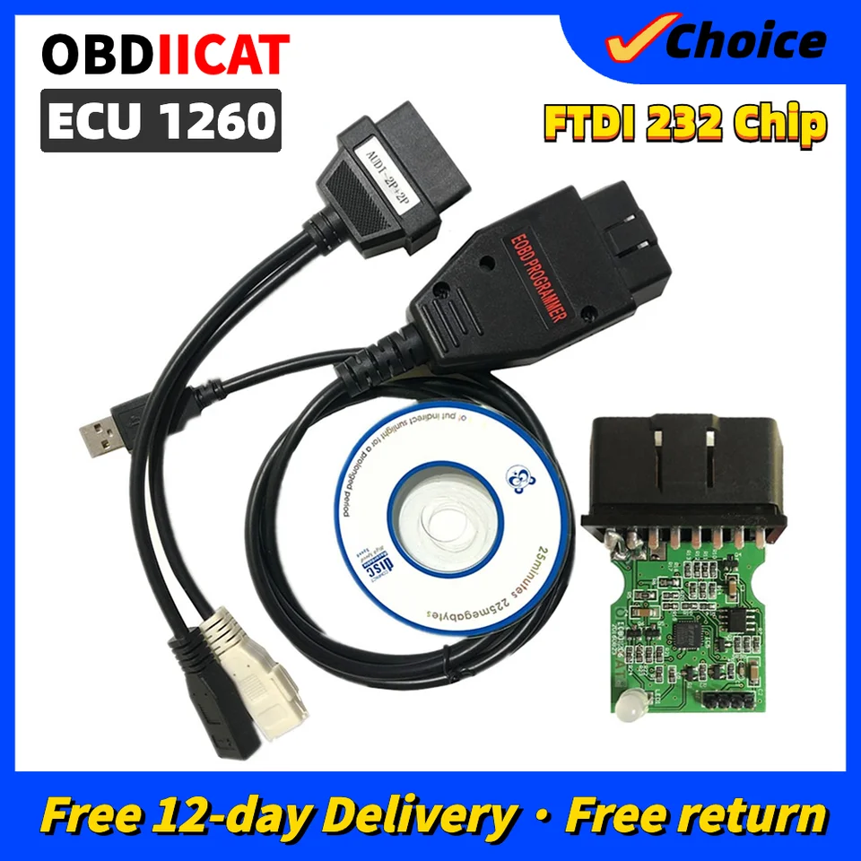 HOT SELTTO ECU 1260 FLOSHER FTDI FT232RQ ChIP OBD2 ECU Chip Tuning Tool Skener EOBD 1260 Programátor Čítanie zápisu ECU auto ECU