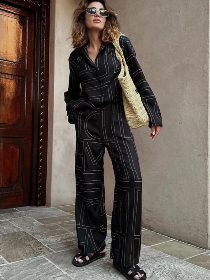Hotelové príležitostné patchworky Vytlačené 2 kusové sady pre dámske nohavice módne košele nočné oblečenie Slim High Waist Dámske nohavice