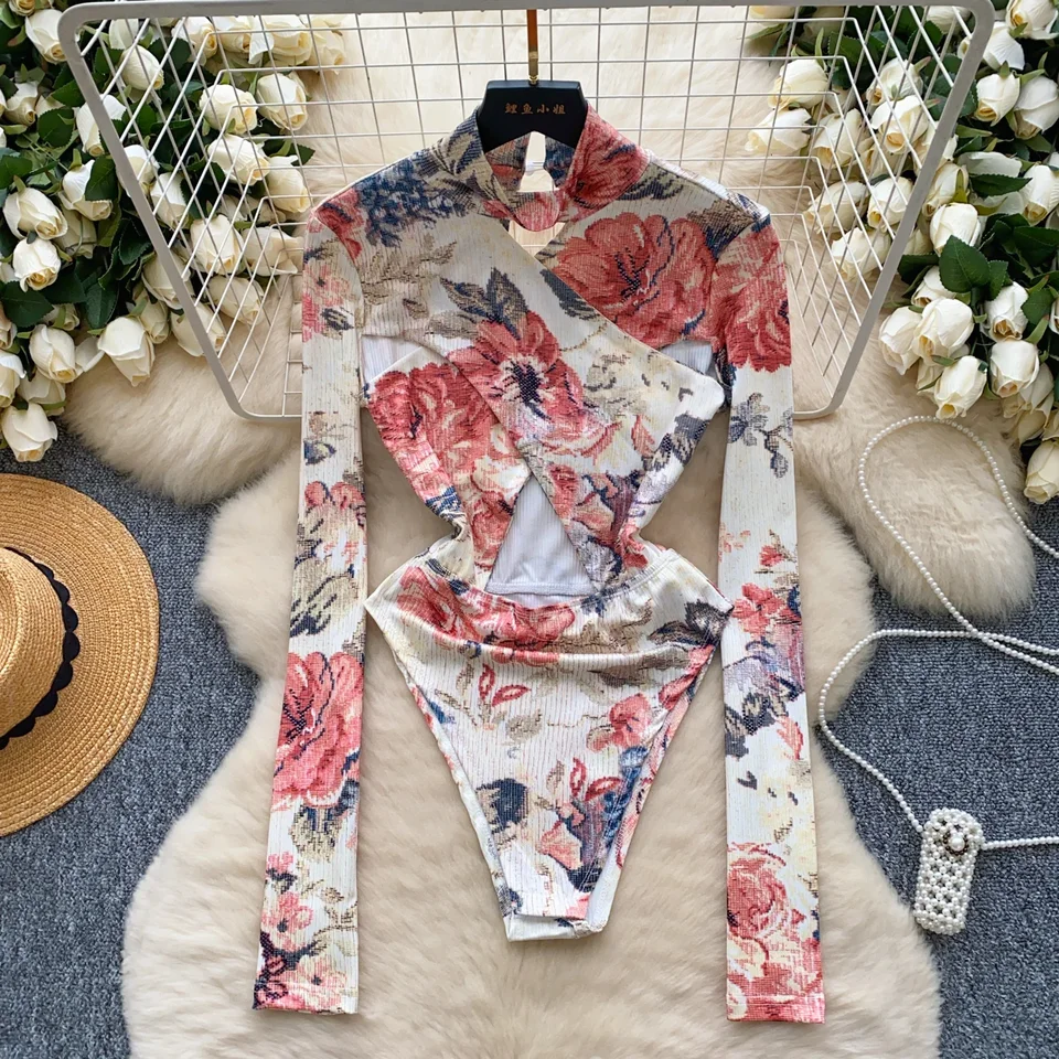 Hotsweet Turtleneck Elegantné dlhé rukávy Vintage dutina z pásu tlačené bodySuits Top Beach High Street Autumn Sexy Syssuit