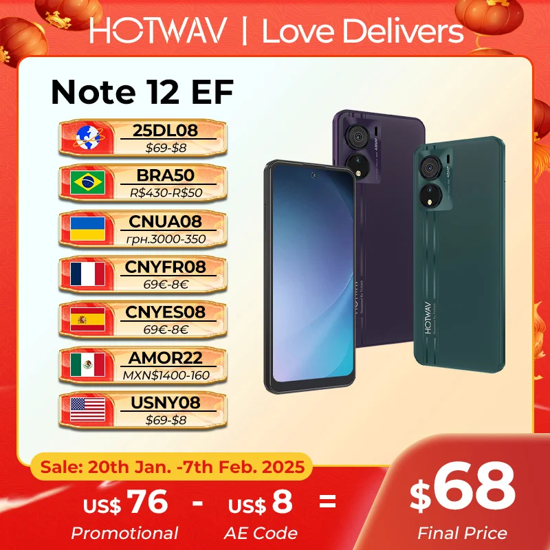 HOTWAV POZNÁMKA 12 EF Smartfón 6.8 '' Veľký displej Android 14 OS 12 (4+8) GB 128 GB Mobilný telefón 48MP 5160 mAh ultra tenký mobilný telefón