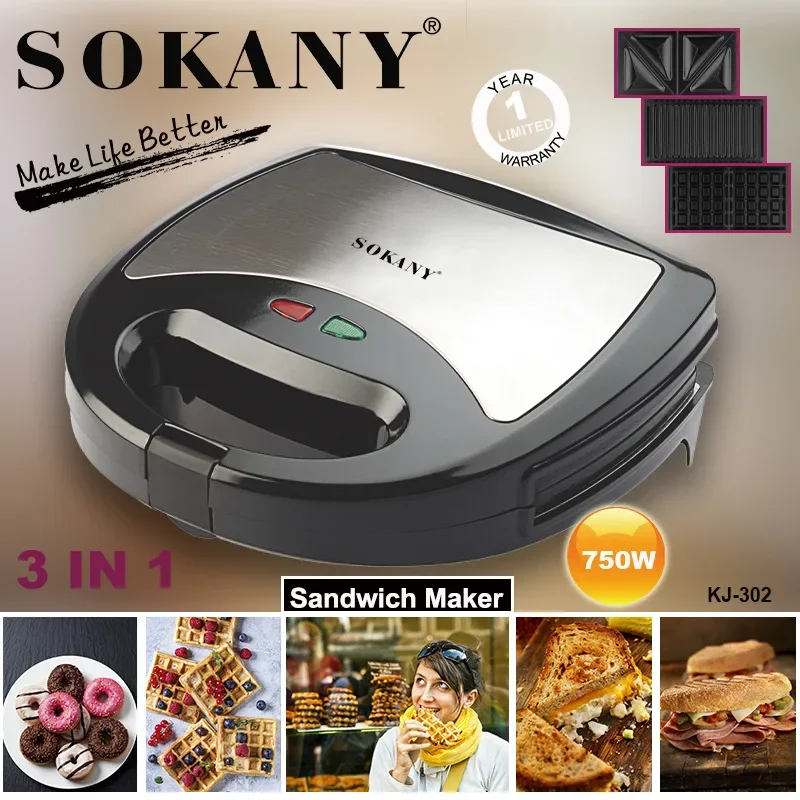 Houselin 3 in 1 sendvičový výrobca, výrobca železa Waffle, Electric Panini Press, raňajkový hriankovač, grilovaná syrová slanina a steak
