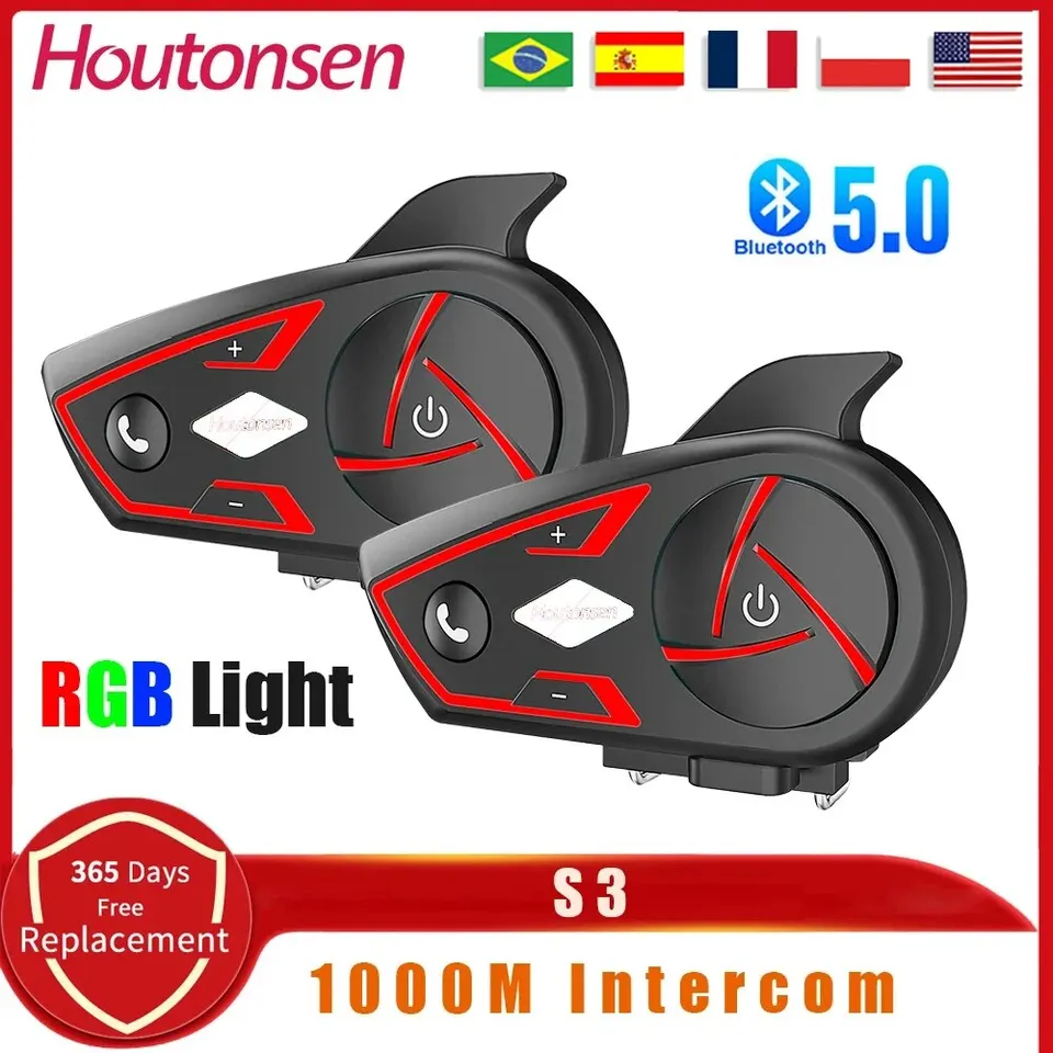 Houtonsen S3 Motocykel prilba Bluetooth Intercom Intercom Wireless Waterproof 1000 m interphone RGB Trifarebné okolité svetlo