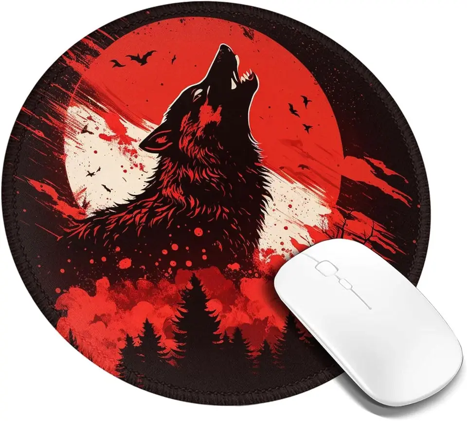 Howling Wolf Blood Red Moon Cool Mouse podložka nekĺzavá guma Round Mousepads Rat pre hernú kanceláriu pracovné počítačové prenosný počítač Domáce darčeky