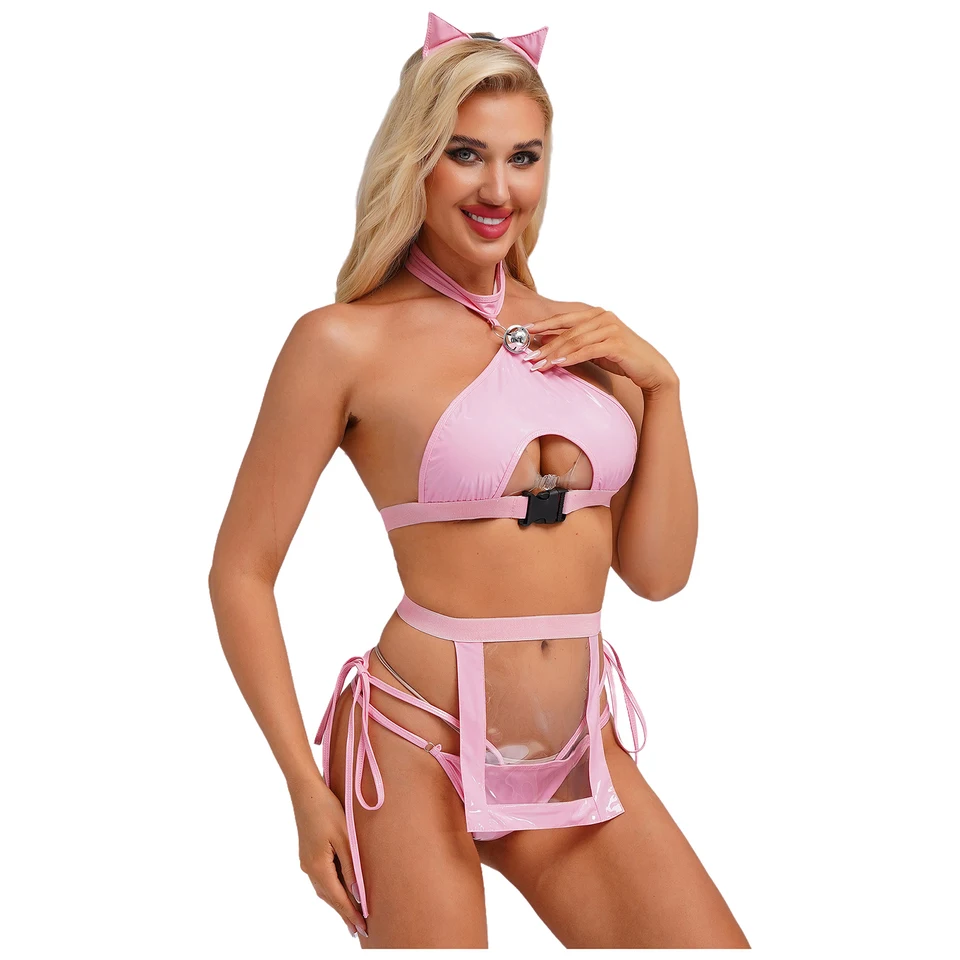 Hra mačka rola exotická uniforma dospelých žien sexy pokožka kožená podprsenka s nohavičkami a zástera Bunny Lingerie Set lákavé flirtovacie pyžamy