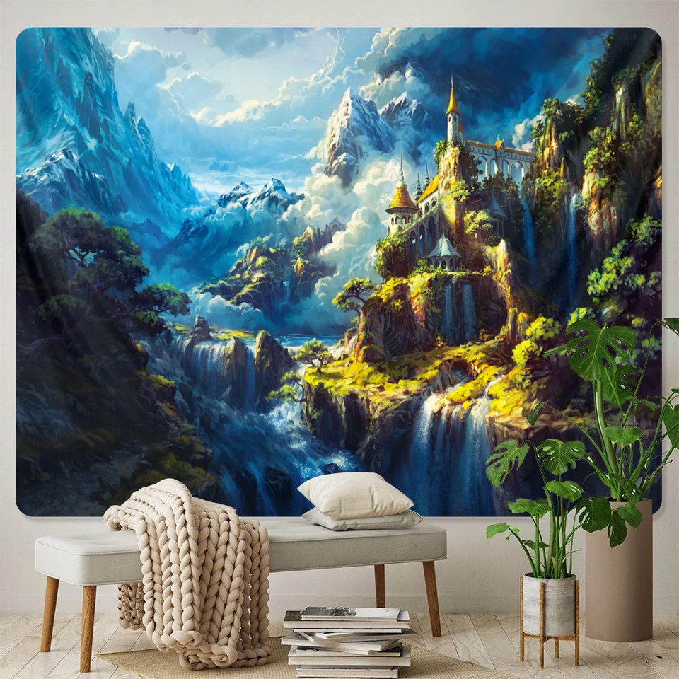 Hrad psychedelická scéna morská panna Domáca dekorácia Art Art Tapestry Hippie Bohemian Tarot Pretty Room Decor Decor Wall zavesenie