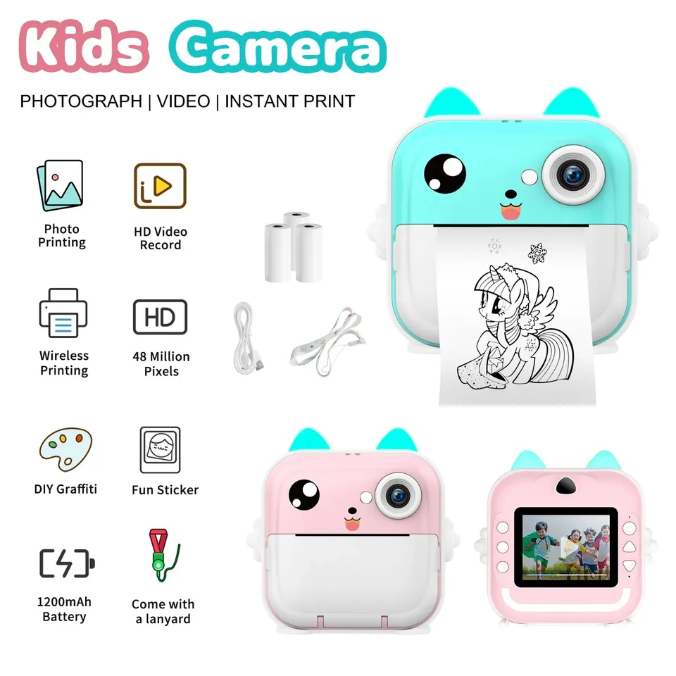 Hračky digitálneho fotoaparátu Kids Instant Tlač tepelnej tlačovej kamery okamžité tlačové video video s 32G pamäťovou kartou Kids 1080p HD
