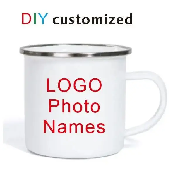 Hrnček smalt 350 ml Prispôsobené logo Photo text Prispôsobené sublimácie Print Strieborná čierna modrá ráfika farby oceľový šálka kávy vonkajšie