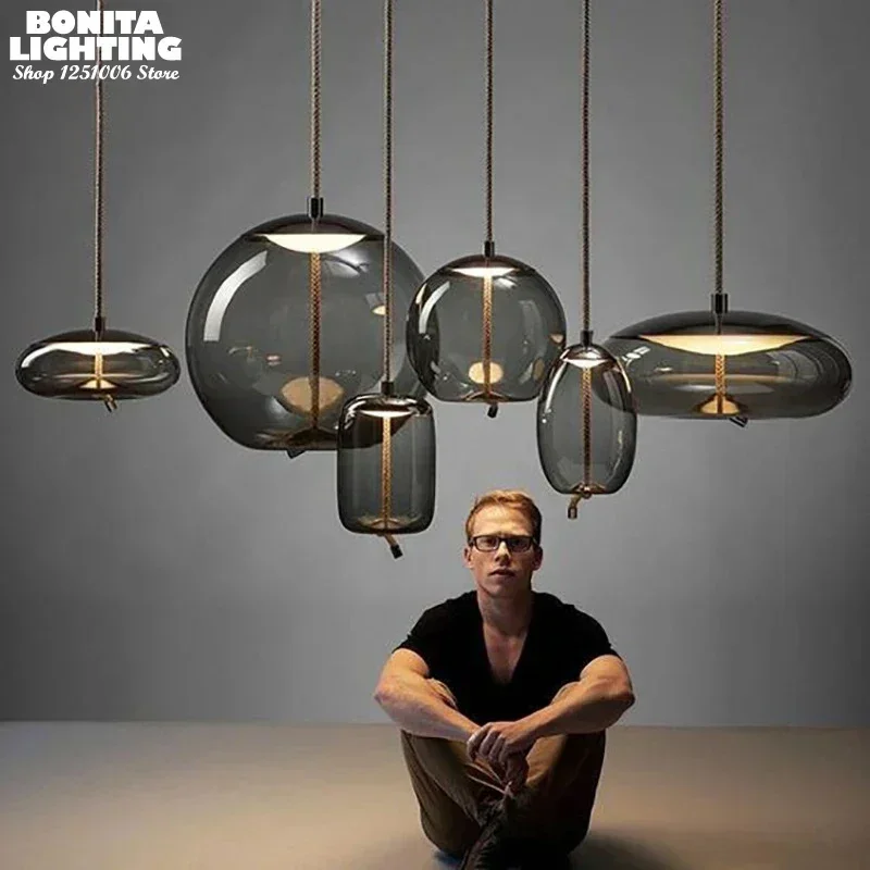 Hrubé konope lano sklo zavesené lampy jedáleň Oval stropný luster