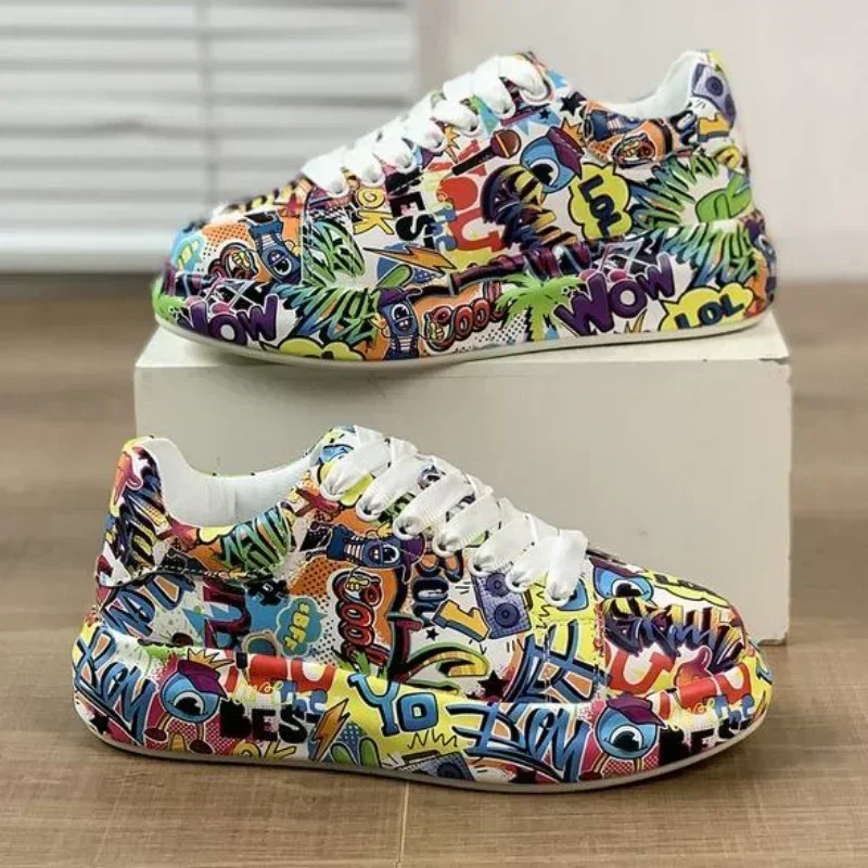 Hrubé podoované zvýšené dámske športové topánky Ženy Nové dámske ručne maľované graffiti biele topánky vonkajšie príležitostné topánky plus veľkosť 43