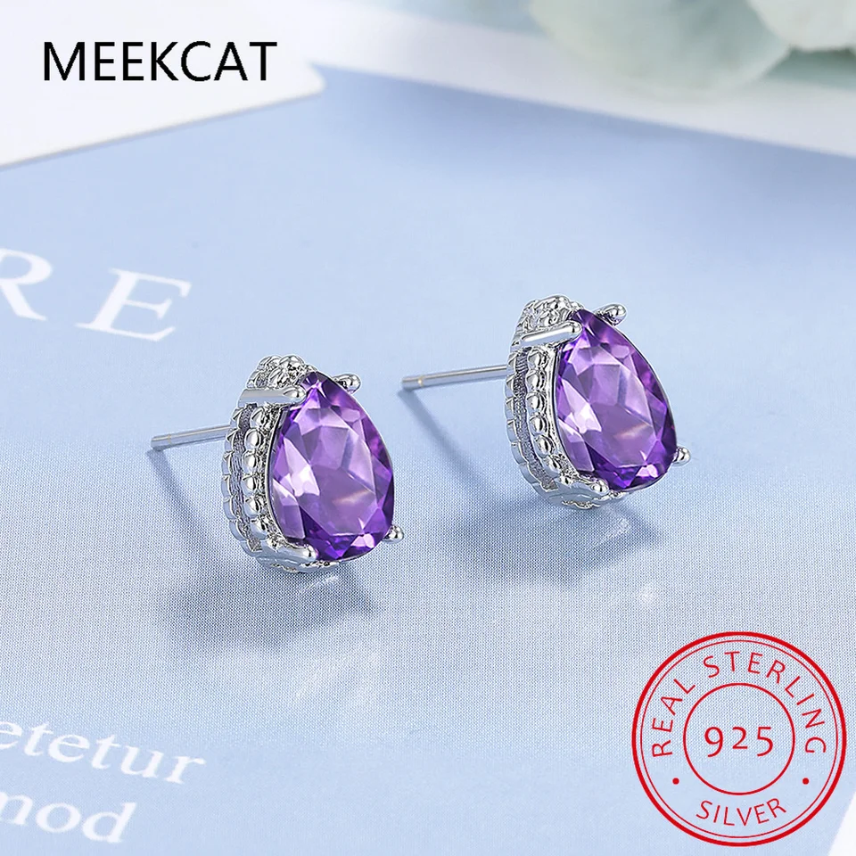 Hruška strih Originálny fialový amethyst 925 Sterling Silver Stud Cuunrings for Women Fashion Gemstone šperky darček