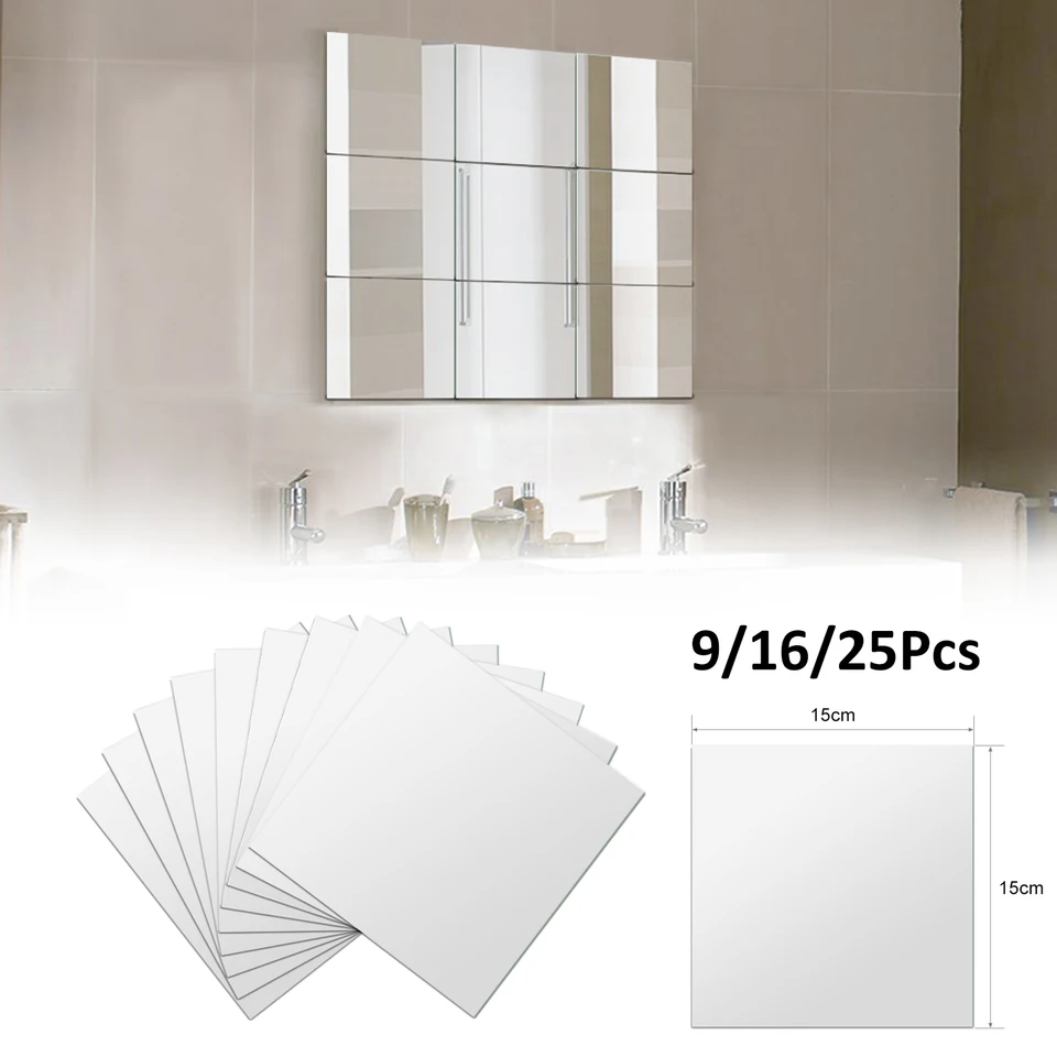 Hrúbka 1 mm 9/16/25ks 15x15cm zrkadlové dlaždice stena Strepka Square Self Adhesive Stick na domácich majstrov