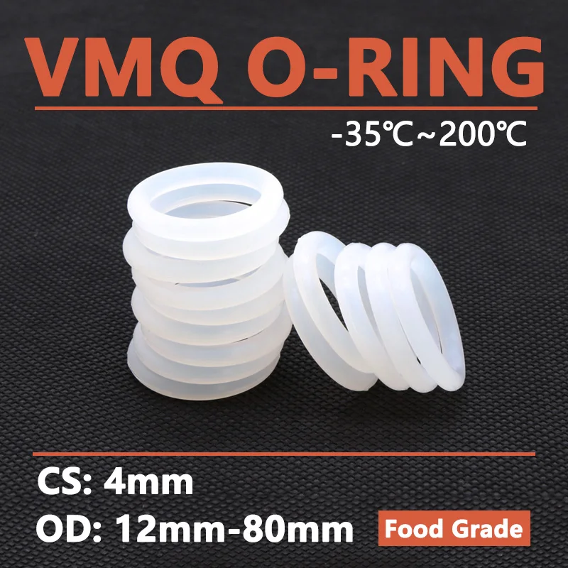 Hrúbka CS 4 mm biela vmq Silikón o krúžok OD 12-80 mm Potravinová vodotesná podložka Gumový izolovaný okrúhly tvar tesnenia tesnenia