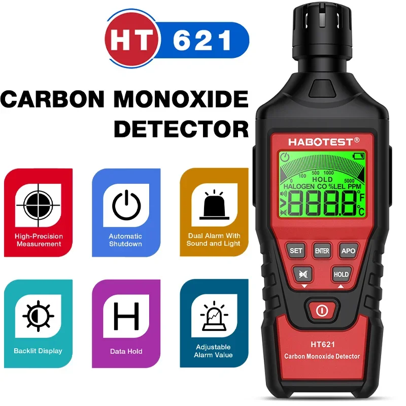 HT621 Detektor oxidu uhoľnatého 0 ~ 5 000 ppm Profesionálny vysoký presný tester plynu CO Nastaviteľné hodnota alarmu s podsvietením LCD
