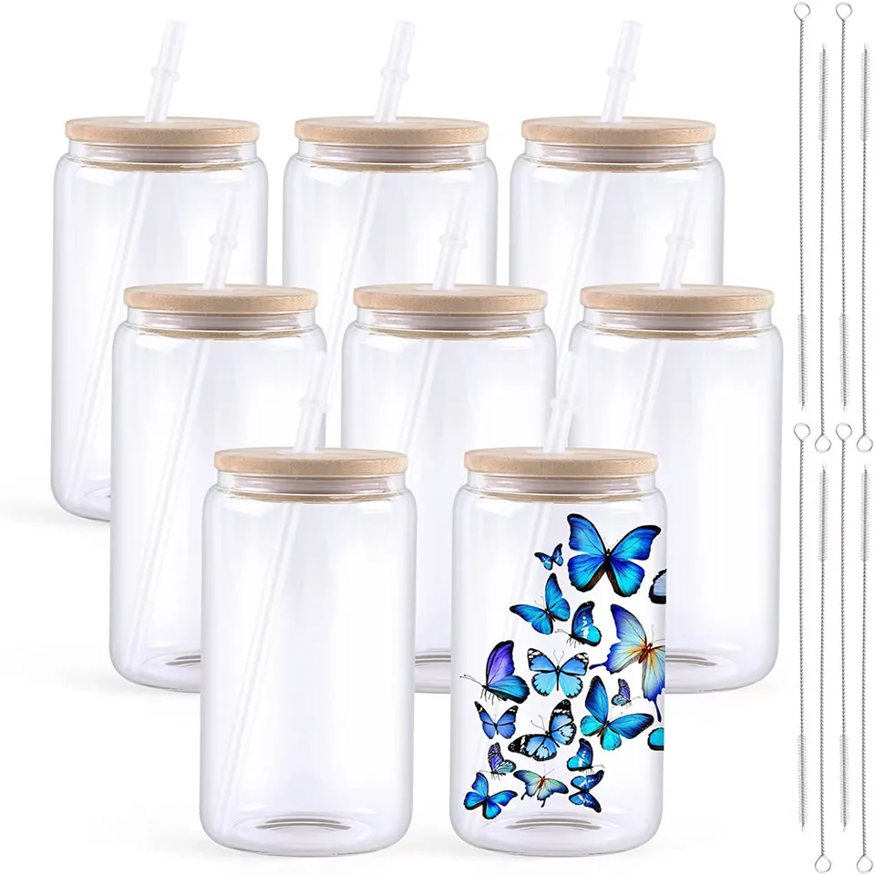 HtvRont 8/4 Pack 16oz Clear/Frosted Glass Sublimation Palms s bambusovým vekom sublimády Poháriky DIY pre šálky ľadovej kávy
