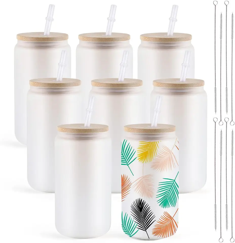 HtvRont 8 Pack 16Oz Frosted/Clear Glass Sublimation Panyry s bambusovým vekom sublimády Poháriky DIY pre ľadovú kávu