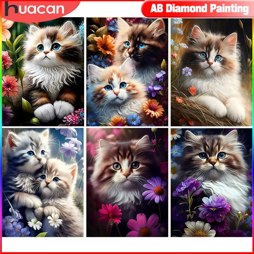 Huacan 5D Diamond Painting Cat Full Diamond Mosaic Animal Animal Winkloidy Flower Craft Kit ručne vyrobený darček