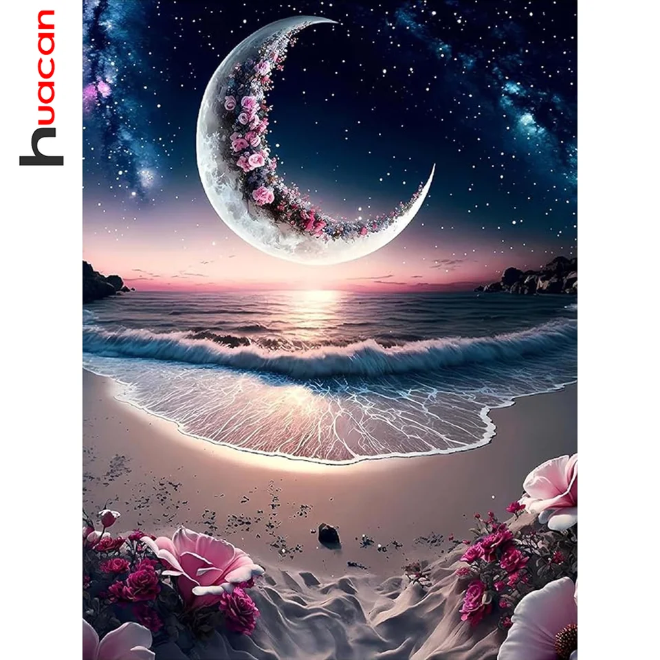 Huacan 5D Diamond Painting Nové príchody Moon Moon Seaside Plné štvorcové okrúhle vyšívacie pláž krajina Decor Decor