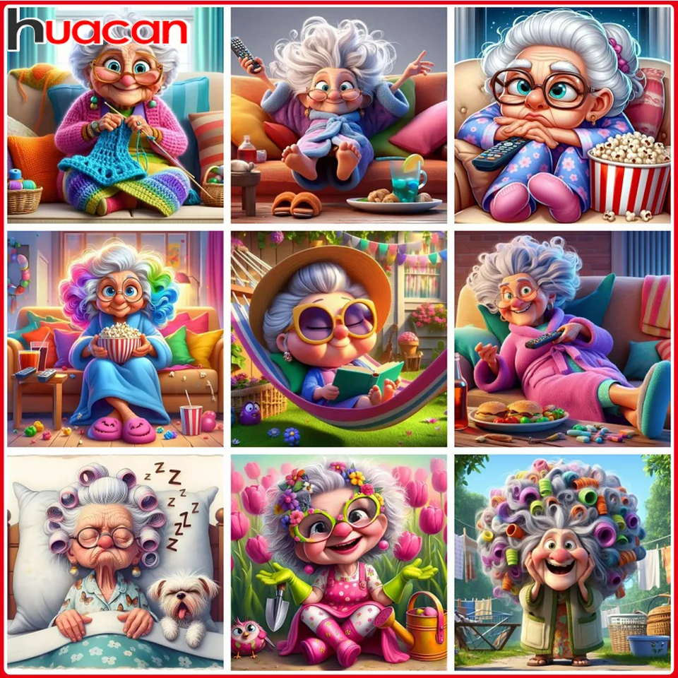 Huacan babička Diamond Painting Old Lady Diamond Mosaic Farebná DIY maľovanie na stenu domov