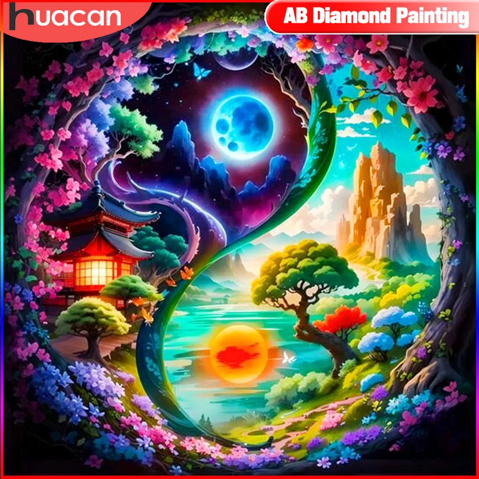 Huacan Diamond Painting Tai Chi Tree Full Square Round Diamond Mosaic Krajina set domáci výzdoba darčeková remeselná súprava