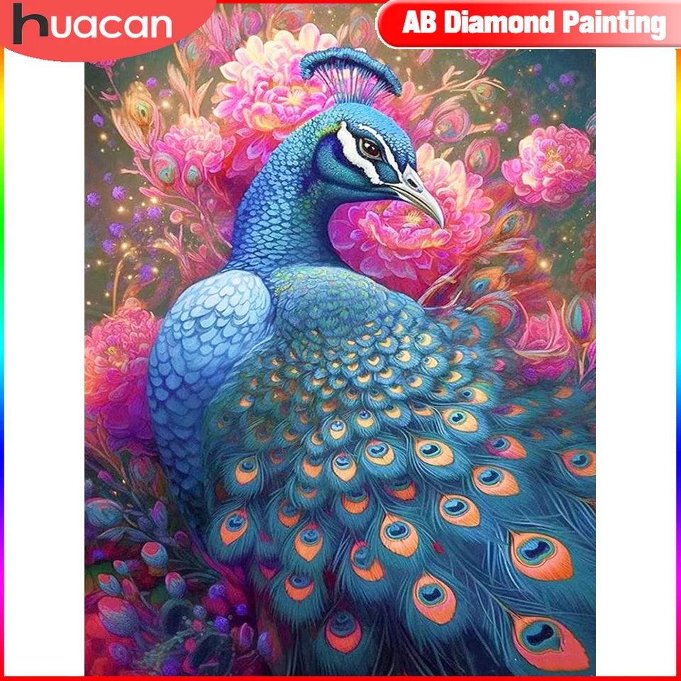 Huacan Peacock Diamond Painting Animal Flower Full Diamond Mosaic Peacock Domáca dekorácia nástenná umenie 5D maľba pre interiér